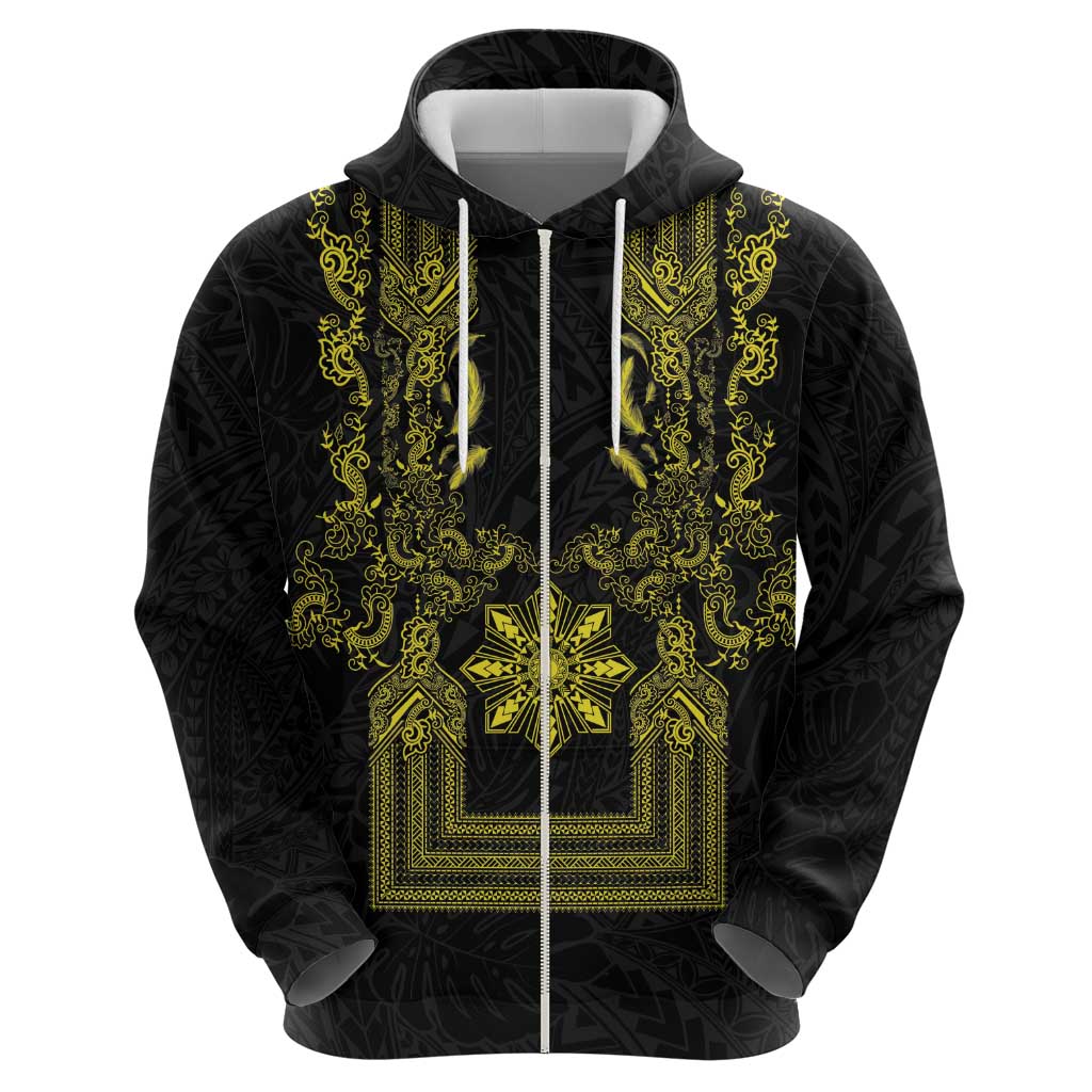 Philippines Barong Style Hoodie with Polynesian Art and Leaf Motif Black-Gold Color LT03 - Polynesian Pride