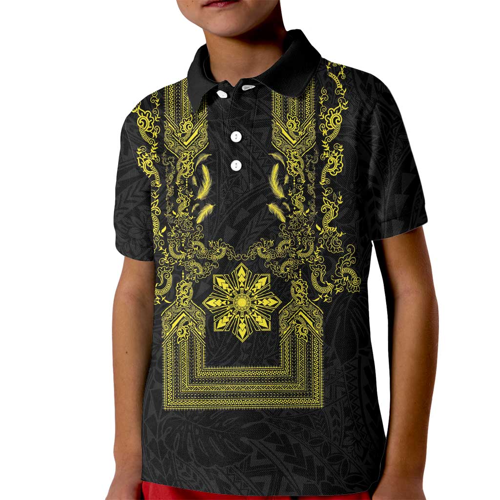 Philippines Barong Style Kid Polo Shirt with Polynesian Art and Leaf Motif Black-Gold Color