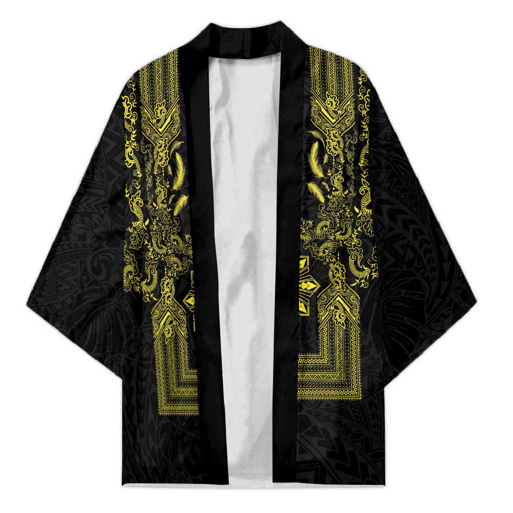 Philippines Barong Style Kimono with Polynesian Art and Leaf Motif Black-Gold Color LT03 Unisex Black - Polynesian Pride
