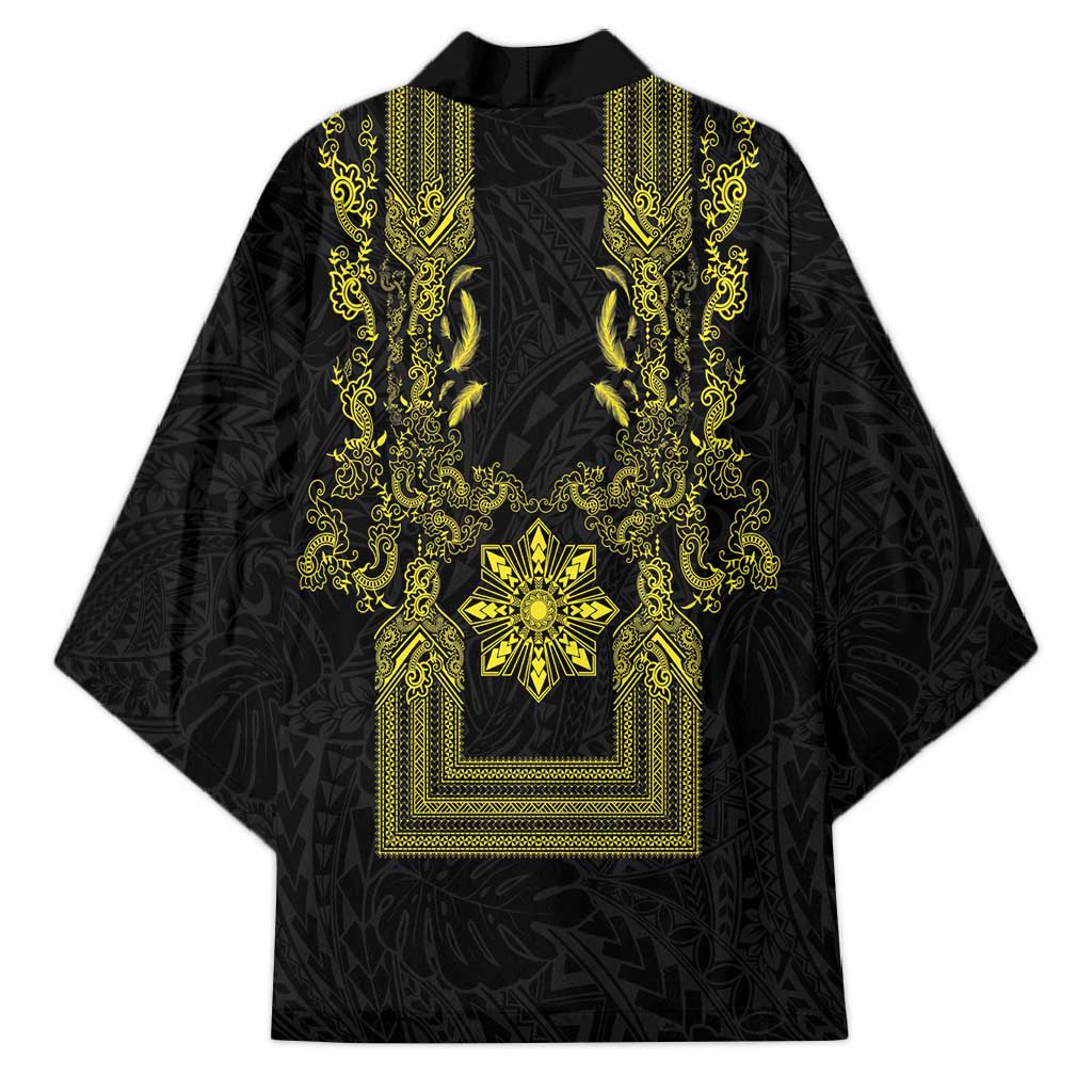 Philippines Barong Style Kimono with Polynesian Art and Leaf Motif Black-Gold Color LT03 - Polynesian Pride