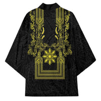 Philippines Barong Style Kimono with Polynesian Art and Leaf Motif Black-Gold Color LT03 - Polynesian Pride