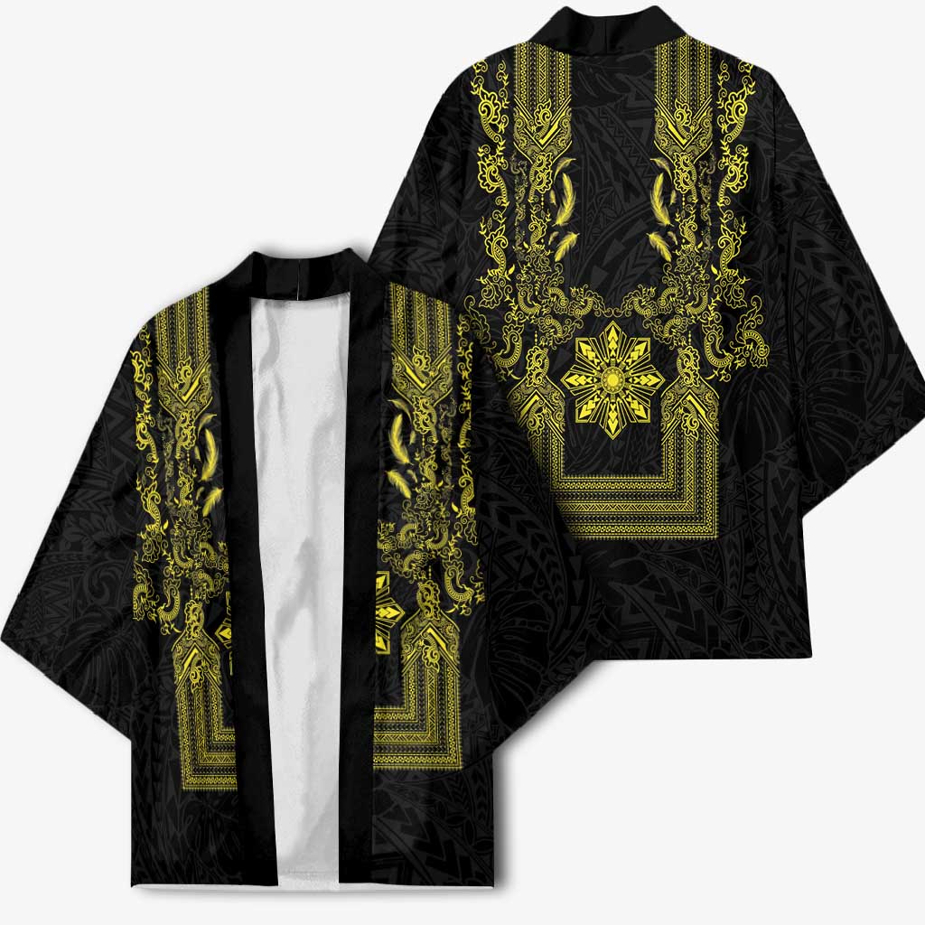 Philippines Barong Style Kimono with Polynesian Art and Leaf Motif Black-Gold Color LT03 - Polynesian Pride
