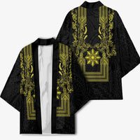Philippines Barong Style Kimono with Polynesian Art and Leaf Motif Black-Gold Color LT03 - Polynesian Pride
