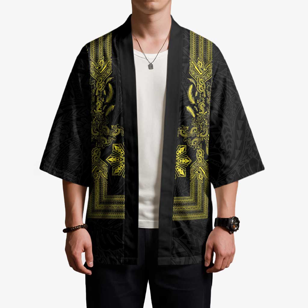 Philippines Barong Style Kimono with Polynesian Art and Leaf Motif Black-Gold Color LT03 - Polynesian Pride