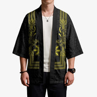 Philippines Barong Style Kimono with Polynesian Art and Leaf Motif Black-Gold Color LT03 - Polynesian Pride