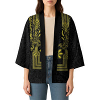 Philippines Barong Style Kimono with Polynesian Art and Leaf Motif Black-Gold Color LT03 - Polynesian Pride