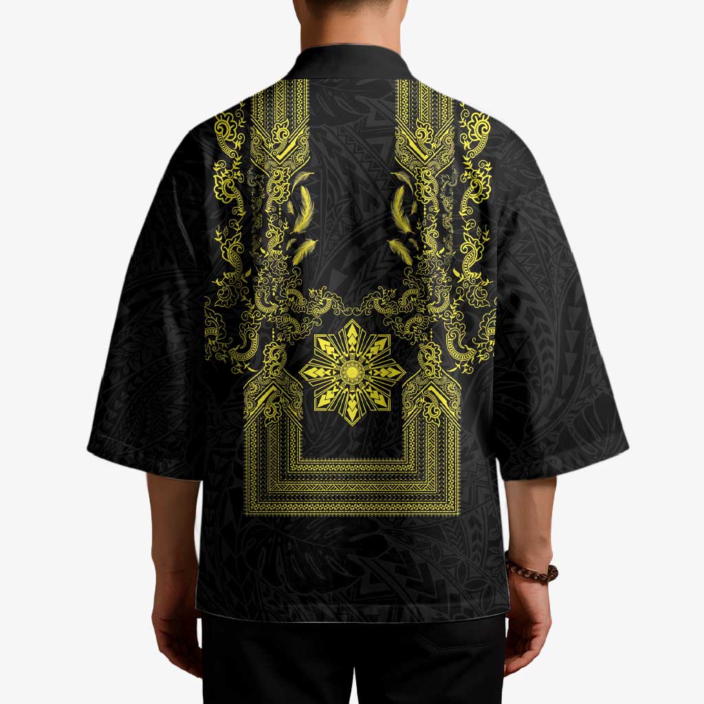 Philippines Barong Style Kimono with Polynesian Art and Leaf Motif Black-Gold Color LT03 - Polynesian Pride