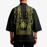 Philippines Barong Style Kimono with Polynesian Art and Leaf Motif Black-Gold Color LT03 - Polynesian Pride