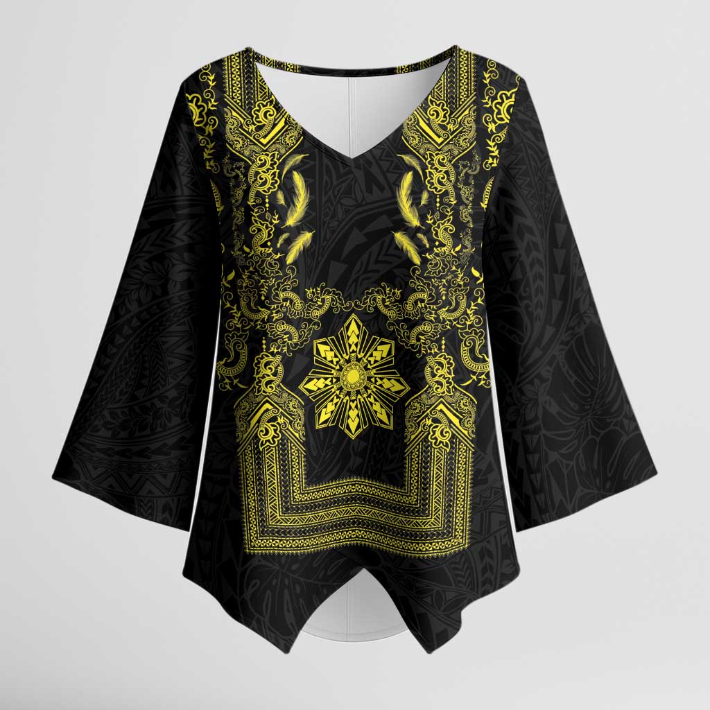 Philippines Barong Style Kimono Sleeve Blouse with Polynesian Art and Leaf Motif Black-Gold Color LT03 Female Black - Polynesian Pride