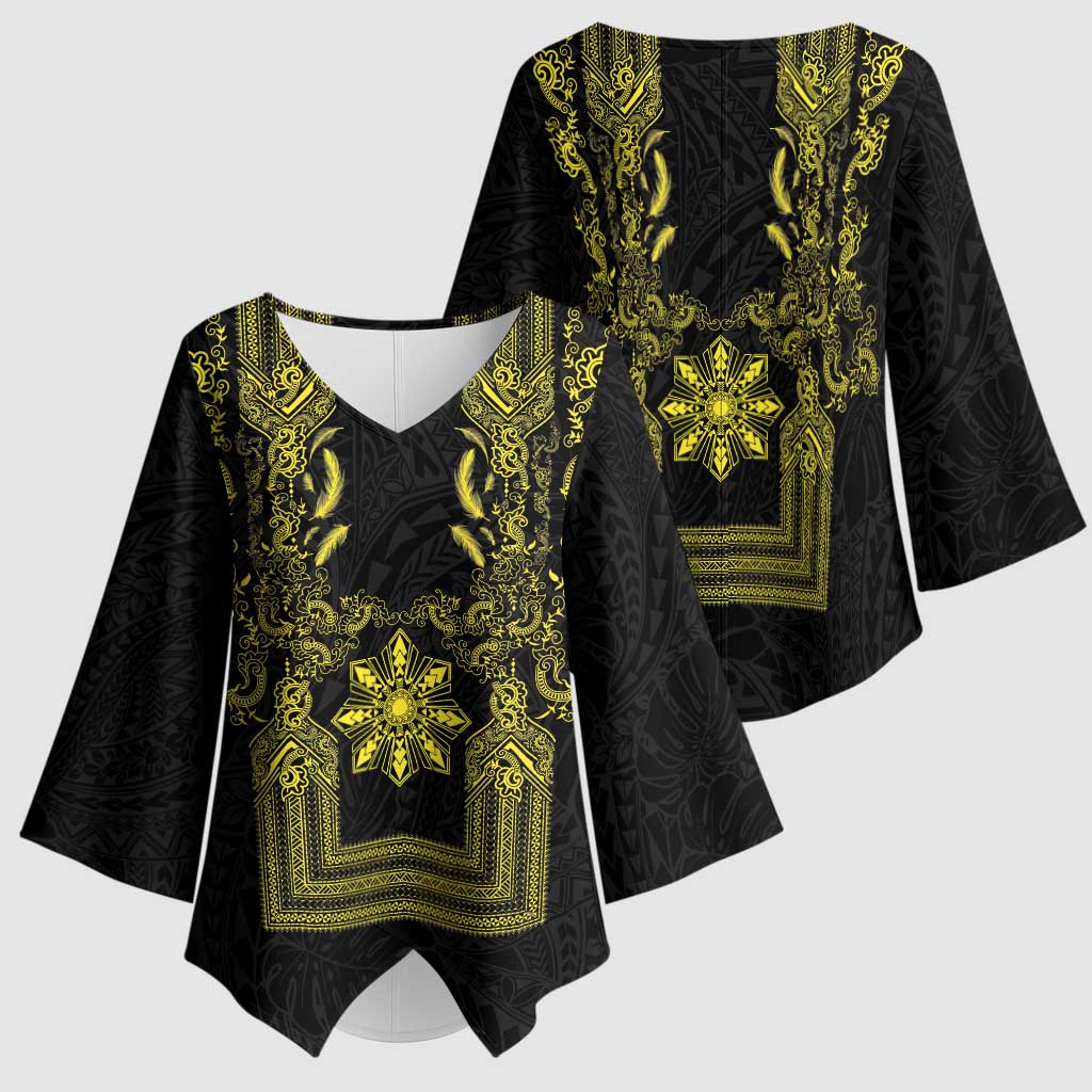 Philippines Barong Style Kimono Sleeve Blouse with Polynesian Art and Leaf Motif Black-Gold Color LT03 - Polynesian Pride