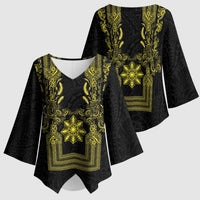 Philippines Barong Style Kimono Sleeve Blouse with Polynesian Art and Leaf Motif Black-Gold Color LT03 - Polynesian Pride