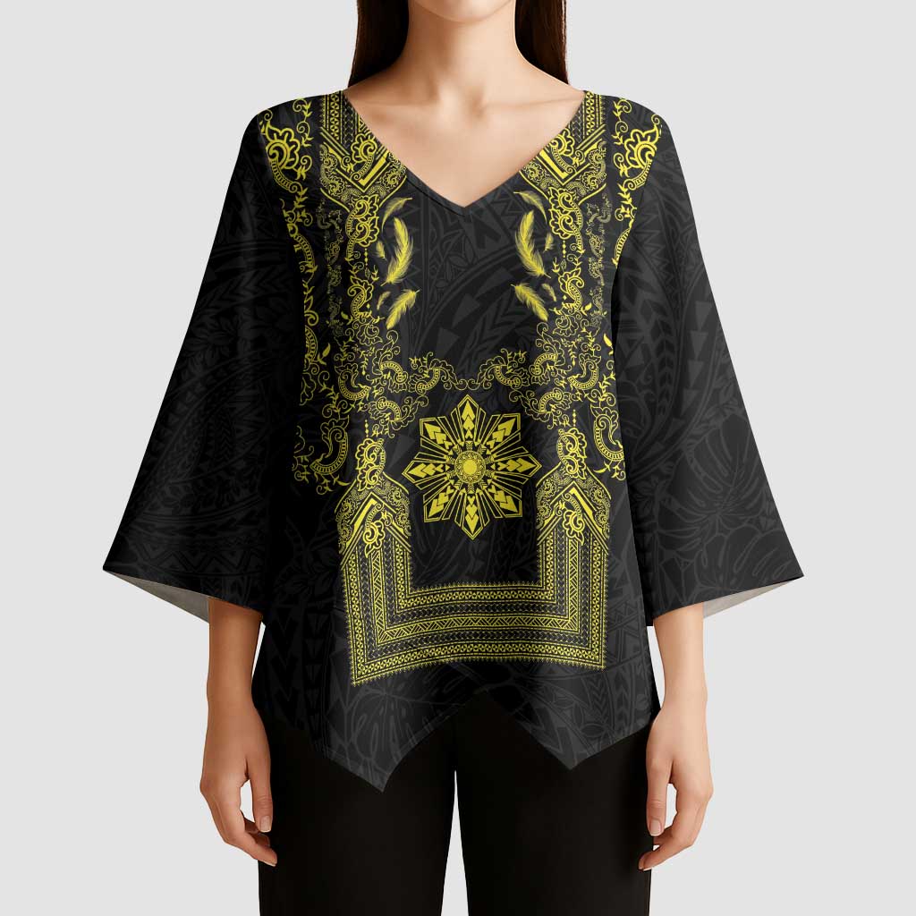 Philippines Barong Style Kimono Sleeve Blouse with Polynesian Art and Leaf Motif Black-Gold Color LT03 - Polynesian Pride