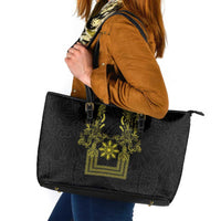 Philippines Barong Style Leather Tote Bag with Polynesian Art and Leaf Motif Black-Gold Color LT03 Black - Polynesian Pride