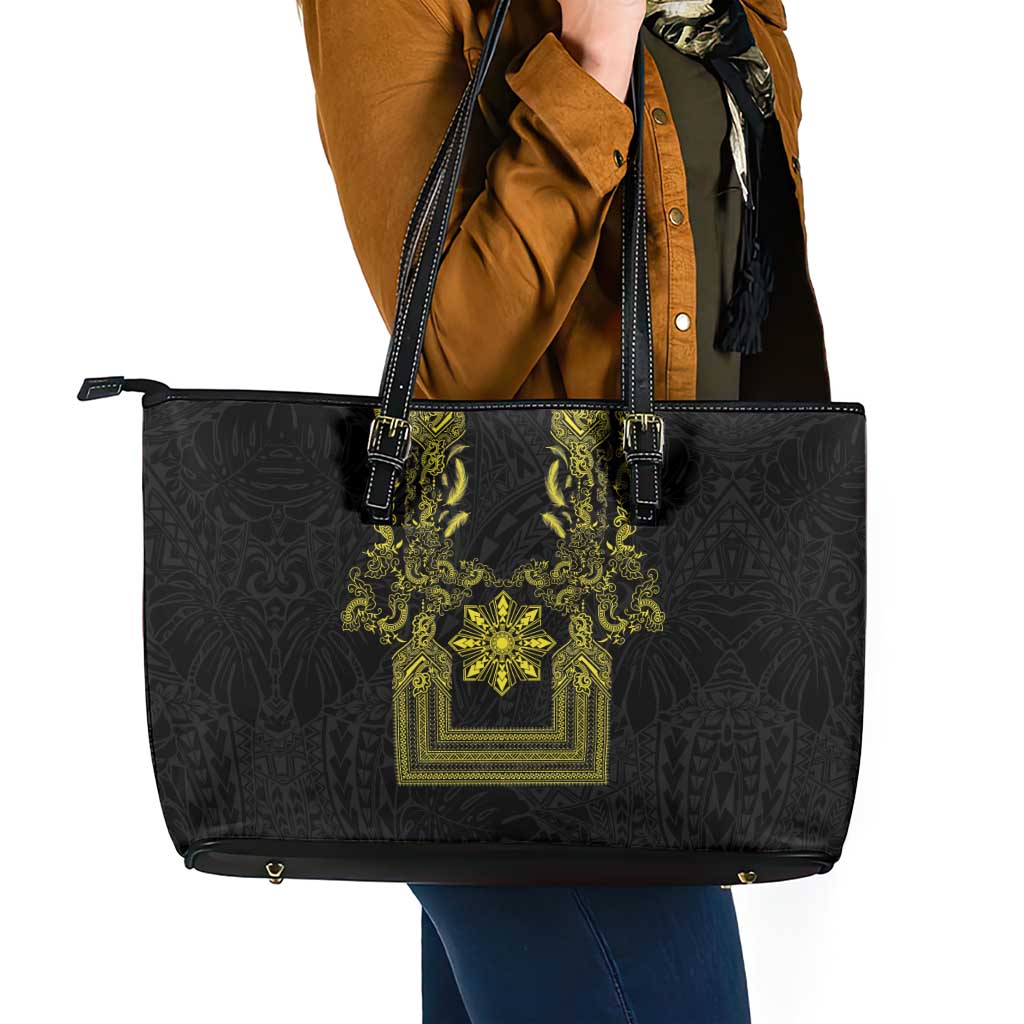 Philippines Barong Style Leather Tote Bag with Polynesian Art and Leaf Motif Black-Gold Color LT03 - Polynesian Pride