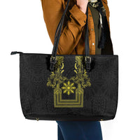 Philippines Barong Style Leather Tote Bag with Polynesian Art and Leaf Motif Black-Gold Color LT03 - Polynesian Pride