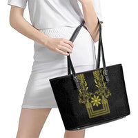 Philippines Barong Style Leather Tote Bag with Polynesian Art and Leaf Motif Black-Gold Color LT03 - Polynesian Pride