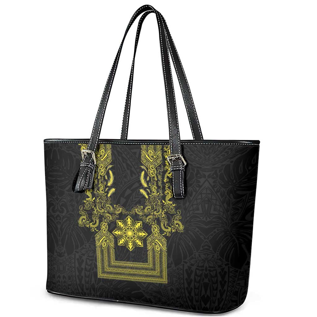 Philippines Barong Style Leather Tote Bag with Polynesian Art and Leaf Motif Black-Gold Color LT03 - Polynesian Pride