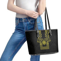 Philippines Barong Style Leather Tote Bag with Polynesian Art and Leaf Motif Black-Gold Color LT03 - Polynesian Pride
