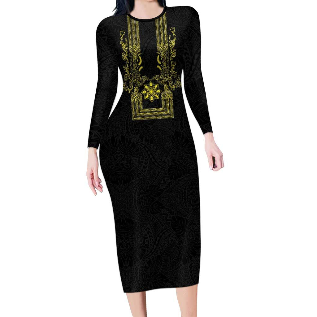Philippines Barong Style Long Sleeve Bodycon Dress with Polynesian Art and Leaf Motif Black-Gold Color LT03 Long Dress Black - Polynesian Pride