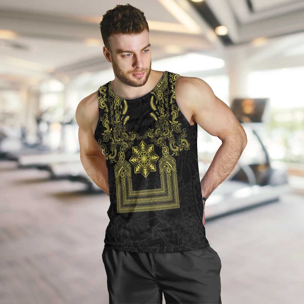 Philippines Barong Style Men Tank Top with Polynesian Art and Leaf Motif Black-Gold Color