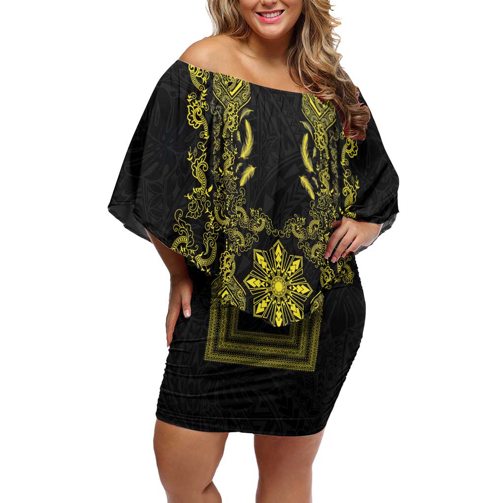 Philippines Barong Style Off Shoulder Short Dress with Polynesian Art and Leaf Motif Black-Gold Color