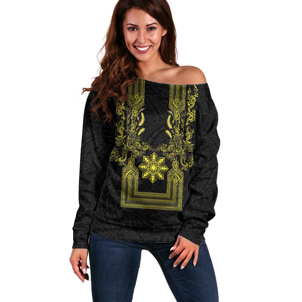 Philippines Barong Style Off Shoulder Sweater with Polynesian Art and Leaf Motif Black-Gold Color
