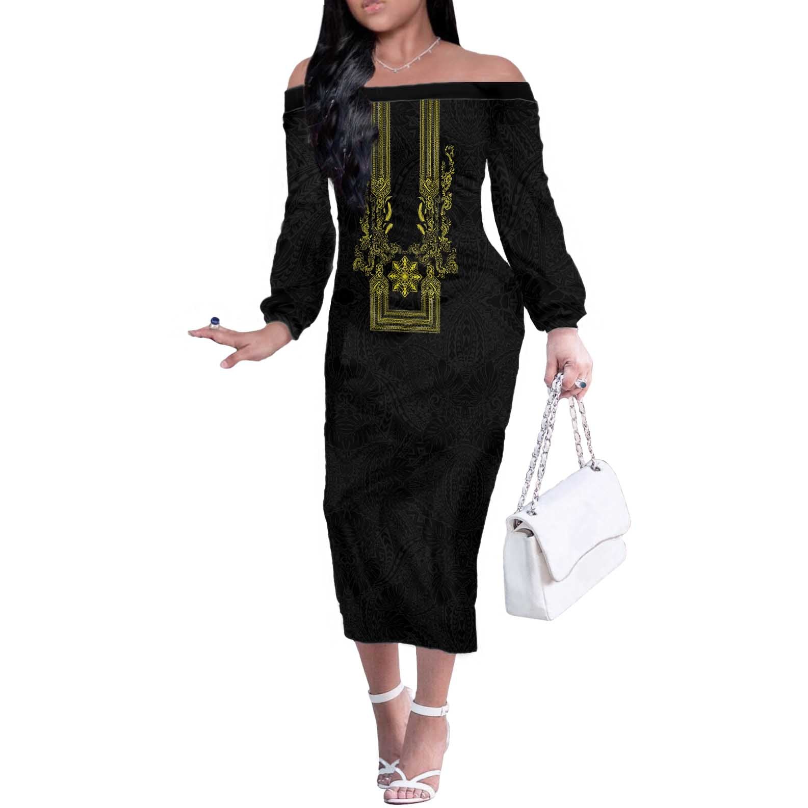 Philippines Barong Style Off The Shoulder Long Sleeve Dress with Polynesian Art and Leaf Motif Black-Gold Color