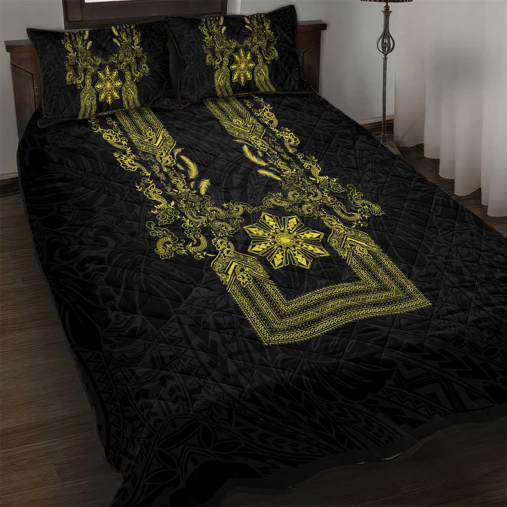 Philippines Barong Style Quilt Bed Set with Polynesian Art and Leaf Motif Black-Gold Color LT03 Black - Polynesian Pride