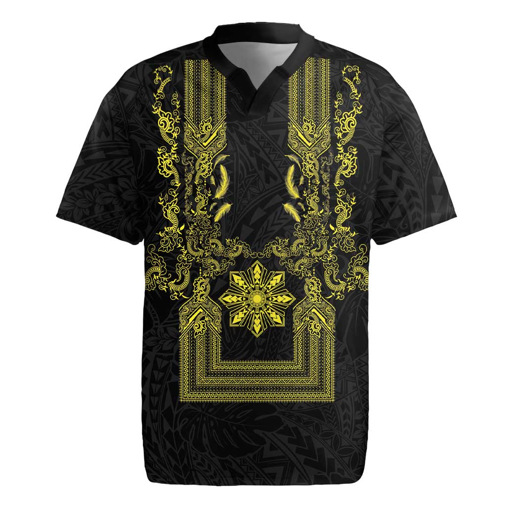 Philippines Barong Style Rugby Jersey with Polynesian Art and Leaf Motif Black-Gold Color LT03 Black - Polynesian Pride