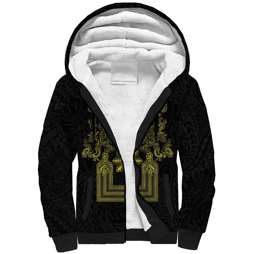 Philippines Barong Style Sherpa Hoodie with Polynesian Art and Leaf Motif Black-Gold Color LT03 Unisex Black - Polynesian Pride