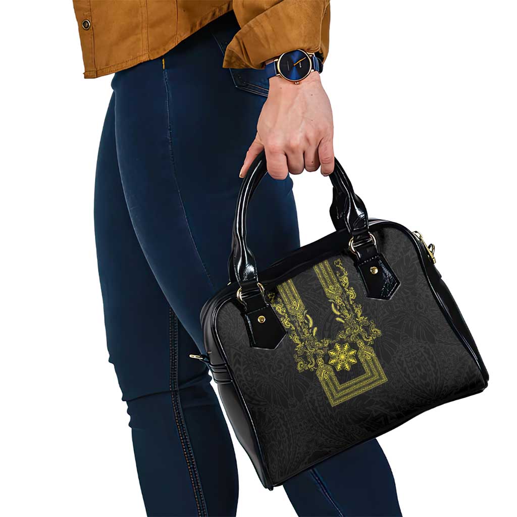 Philippines Barong Style Shoulder Handbag with Polynesian Art and Leaf Motif Black-Gold Color LT03 - Polynesian Pride