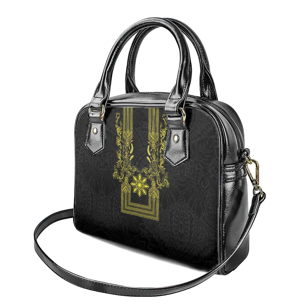Philippines Barong Style Shoulder Handbag with Polynesian Art and Leaf Motif Black-Gold Color LT03 - Polynesian Pride