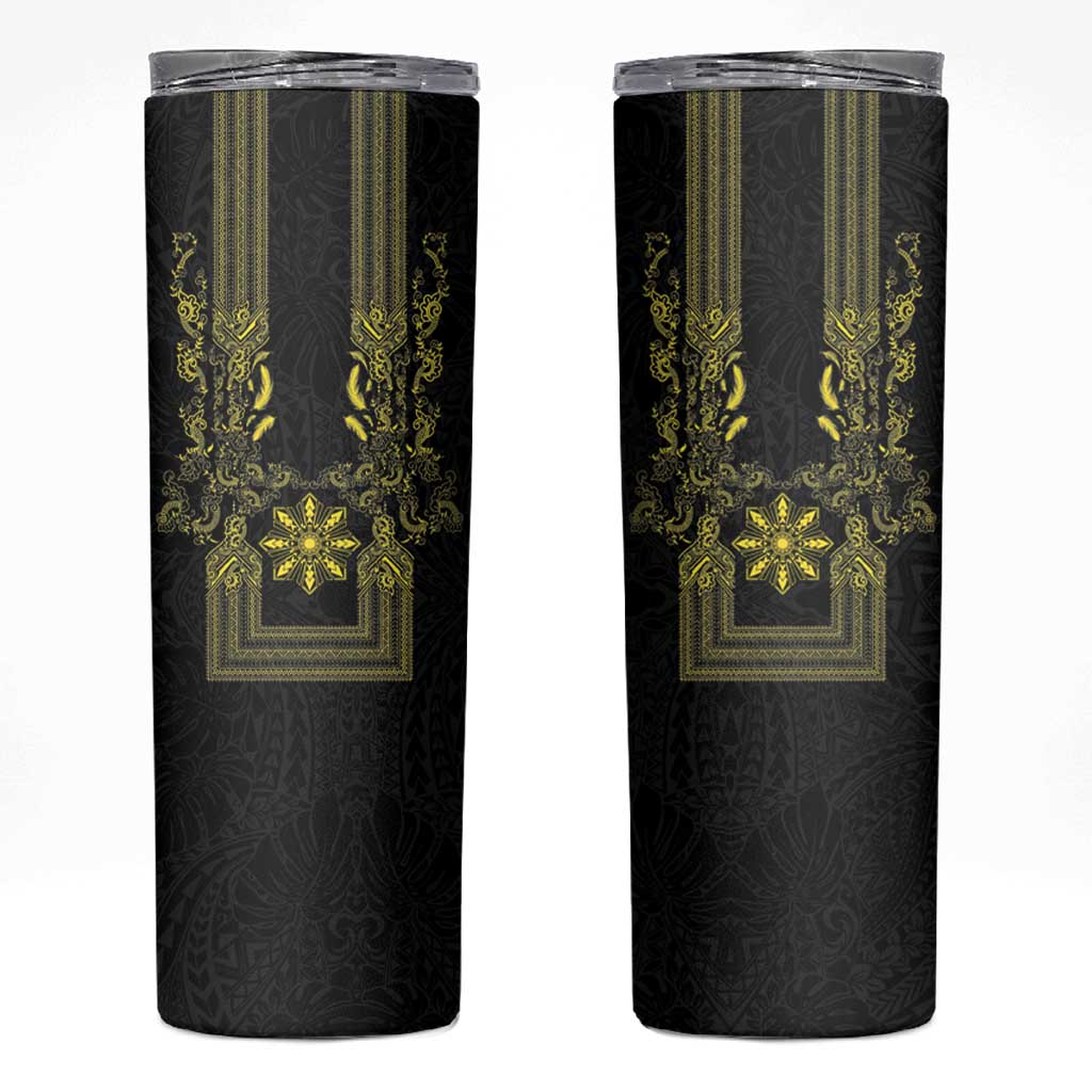 Philippines Barong Style Skinny Tumbler with Polynesian Art and Leaf Motif Black-Gold Color
