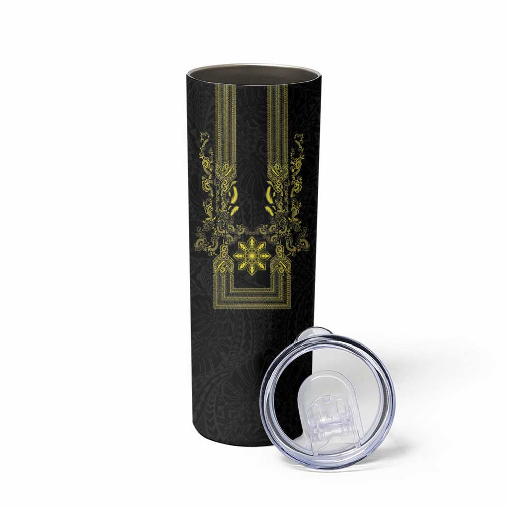 Philippines Barong Style Skinny Tumbler with Polynesian Art and Leaf Motif Black-Gold Color