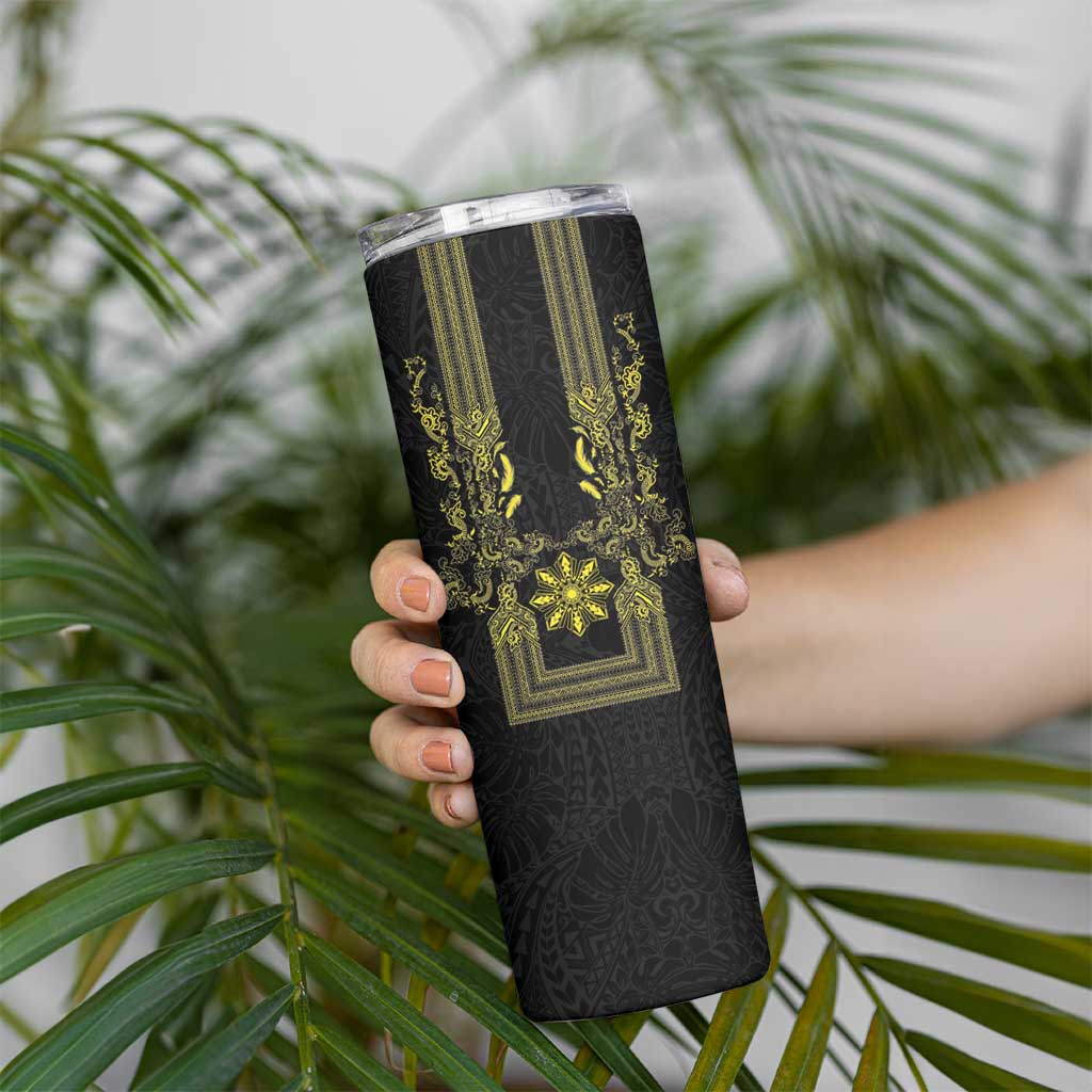 Philippines Barong Style Skinny Tumbler with Polynesian Art and Leaf Motif Black-Gold Color