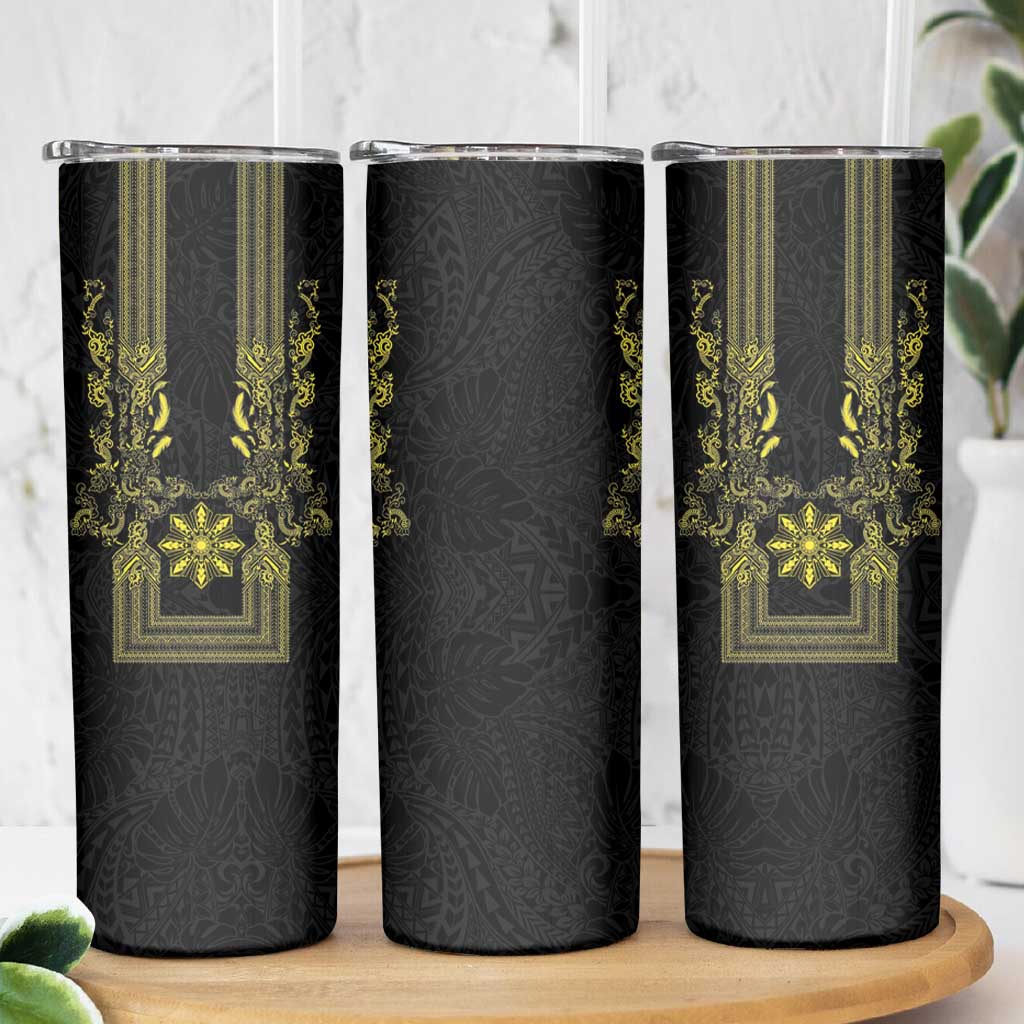 Philippines Barong Style Skinny Tumbler with Polynesian Art and Leaf Motif Black-Gold Color
