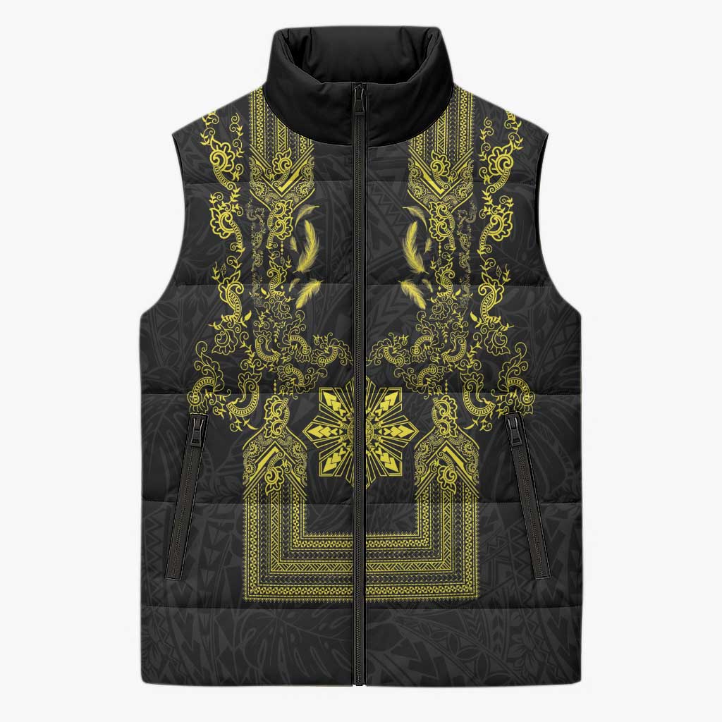 Philippines Barong Style Sleeveless Puffer Jacket with Polynesian Art and Leaf Motif Black-Gold Color LT03 Unisex Black - Polynesian Pride