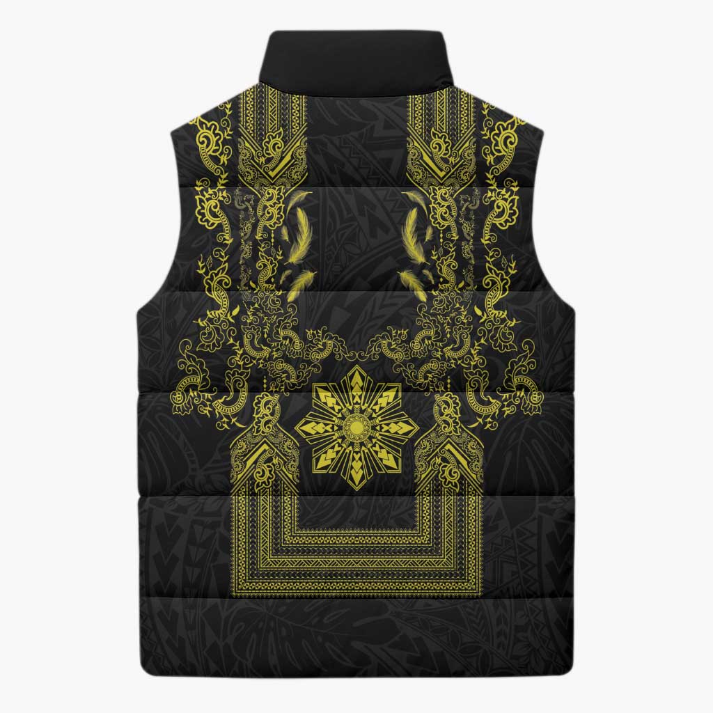 Philippines Barong Style Sleeveless Puffer Jacket with Polynesian Art and Leaf Motif Black-Gold Color LT03 - Polynesian Pride