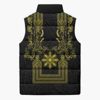 Philippines Barong Style Sleeveless Puffer Jacket with Polynesian Art and Leaf Motif Black-Gold Color LT03 - Polynesian Pride