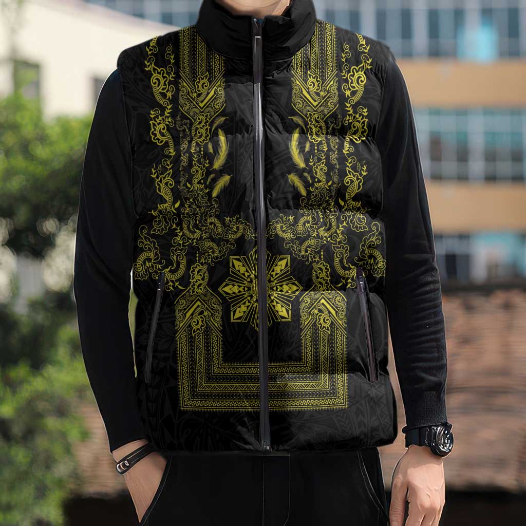Philippines Barong Style Sleeveless Puffer Jacket with Polynesian Art and Leaf Motif Black-Gold Color LT03 - Polynesian Pride