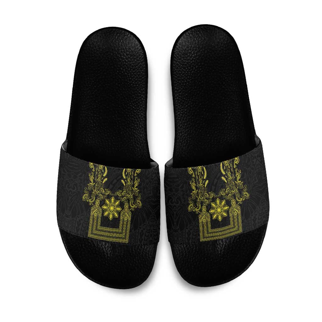 Philippines Barong Style Slide Sandals with Polynesian Art and Leaf Motif Black-Gold Color LT03 Black - Polynesian Pride