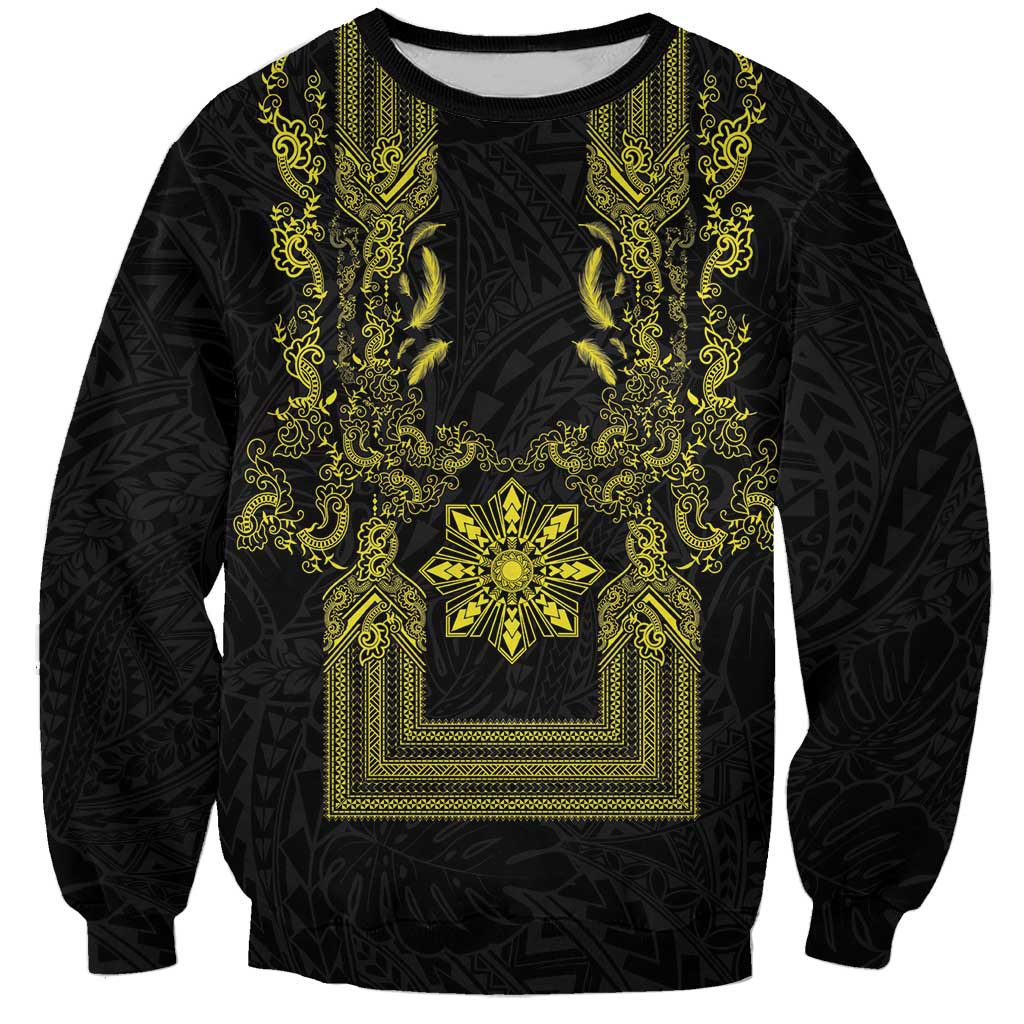 Philippines Barong Style Sweatshirt with Polynesian Art and Leaf Motif Black-Gold Color