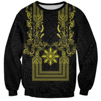 Philippines Barong Style Sweatshirt with Polynesian Art and Leaf Motif Black-Gold Color