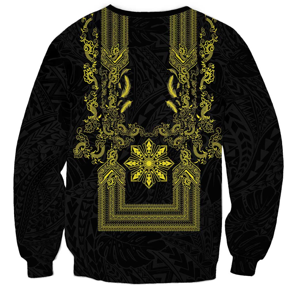 Philippines Barong Style Sweatshirt with Polynesian Art and Leaf Motif Black-Gold Color