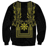 Philippines Barong Style Sweatshirt with Polynesian Art and Leaf Motif Black-Gold Color
