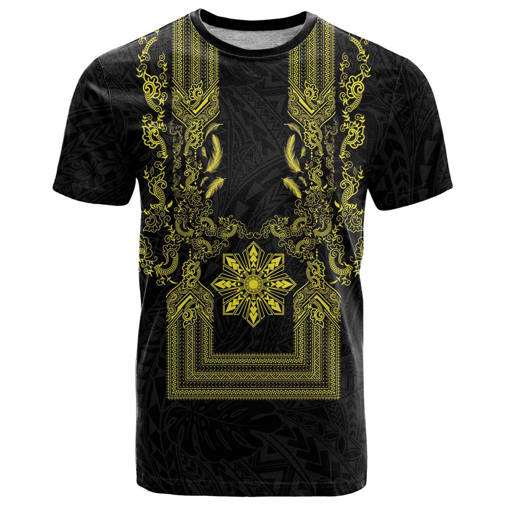 Philippines Barong Style T Shirt with Polynesian Art and Leaf Motif Black-Gold Color