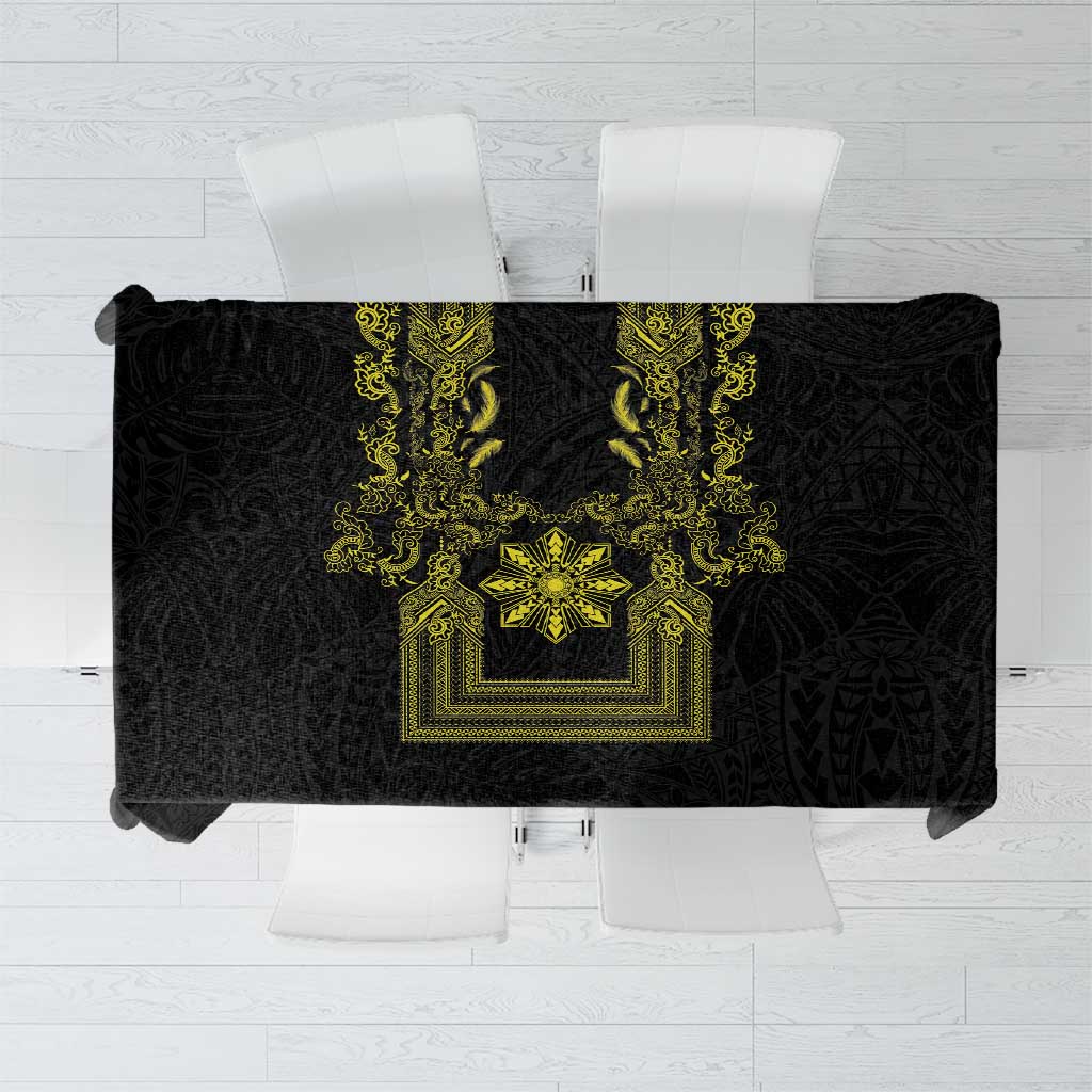 Philippines Barong Style Tablecloth with Polynesian Art and Leaf Motif Black-Gold Color