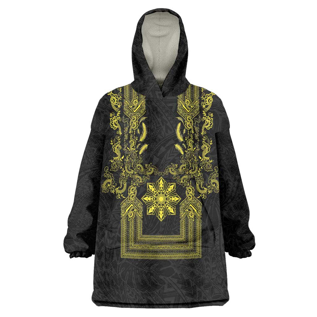 Philippines Barong Style Wearable Blanket Hoodie with Polynesian Art and Leaf Motif Black-Gold Color