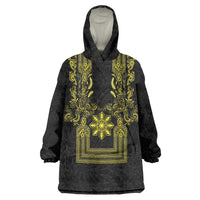 Philippines Barong Style Wearable Blanket Hoodie with Polynesian Art and Leaf Motif Black-Gold Color