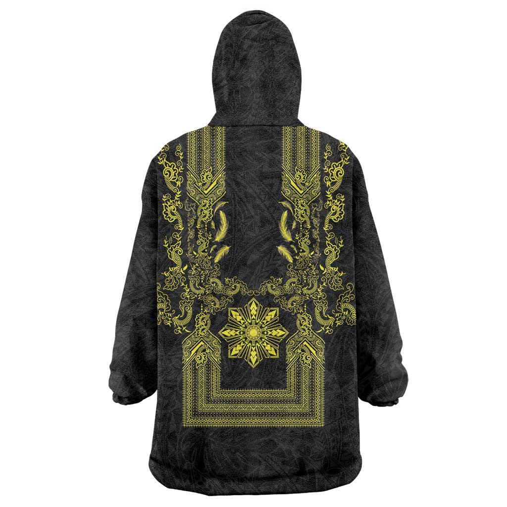 Philippines Barong Style Wearable Blanket Hoodie with Polynesian Art and Leaf Motif Black-Gold Color